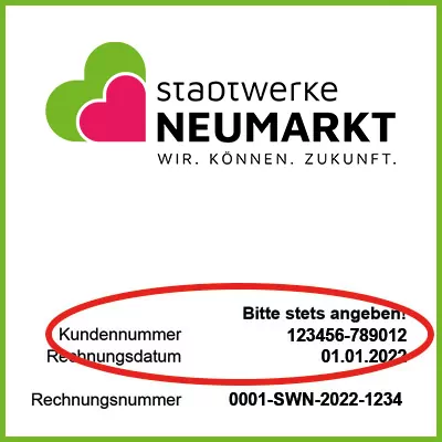 Beispielbild des Briefkopfs einer Rechnung, das anzeigt, wo Sie die Kundennummer finden