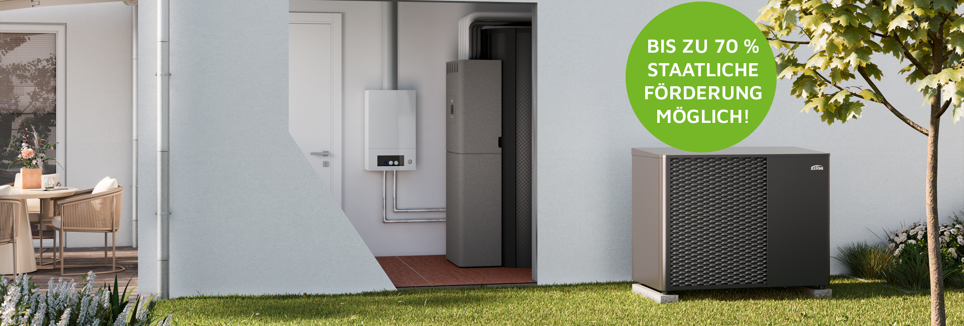 Wärmepumpe vor einem Haus - bis zu 70 % staatliche Förderung möglich