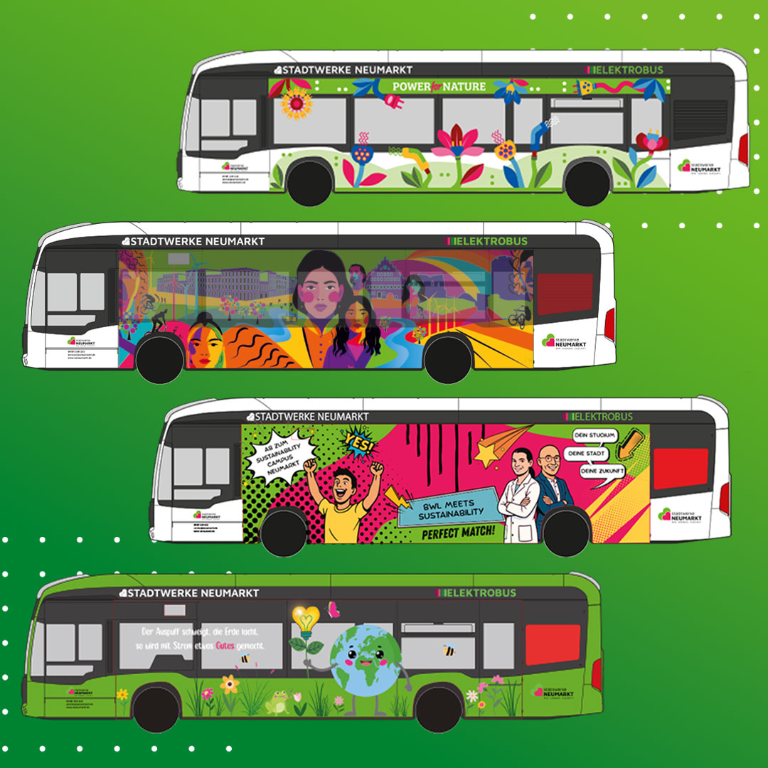 Vier Gewinnermotive des E-Bus Designwettbewerbs