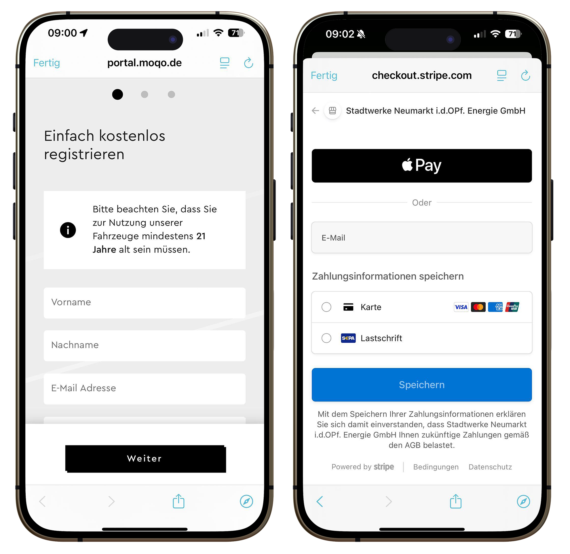 Schritt "Account einrichten" in der App für MOQO - CAR2GO Stadtwerke Neumarkt