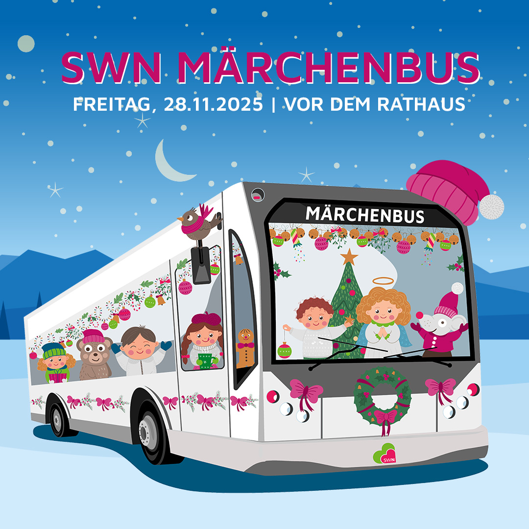 Illustration eines weihnachtlich dekorierten SWN-Märchenbusses mit fröhlichen Kindern und Figuren, Hinweis auf Termin vor dem Rathaus.