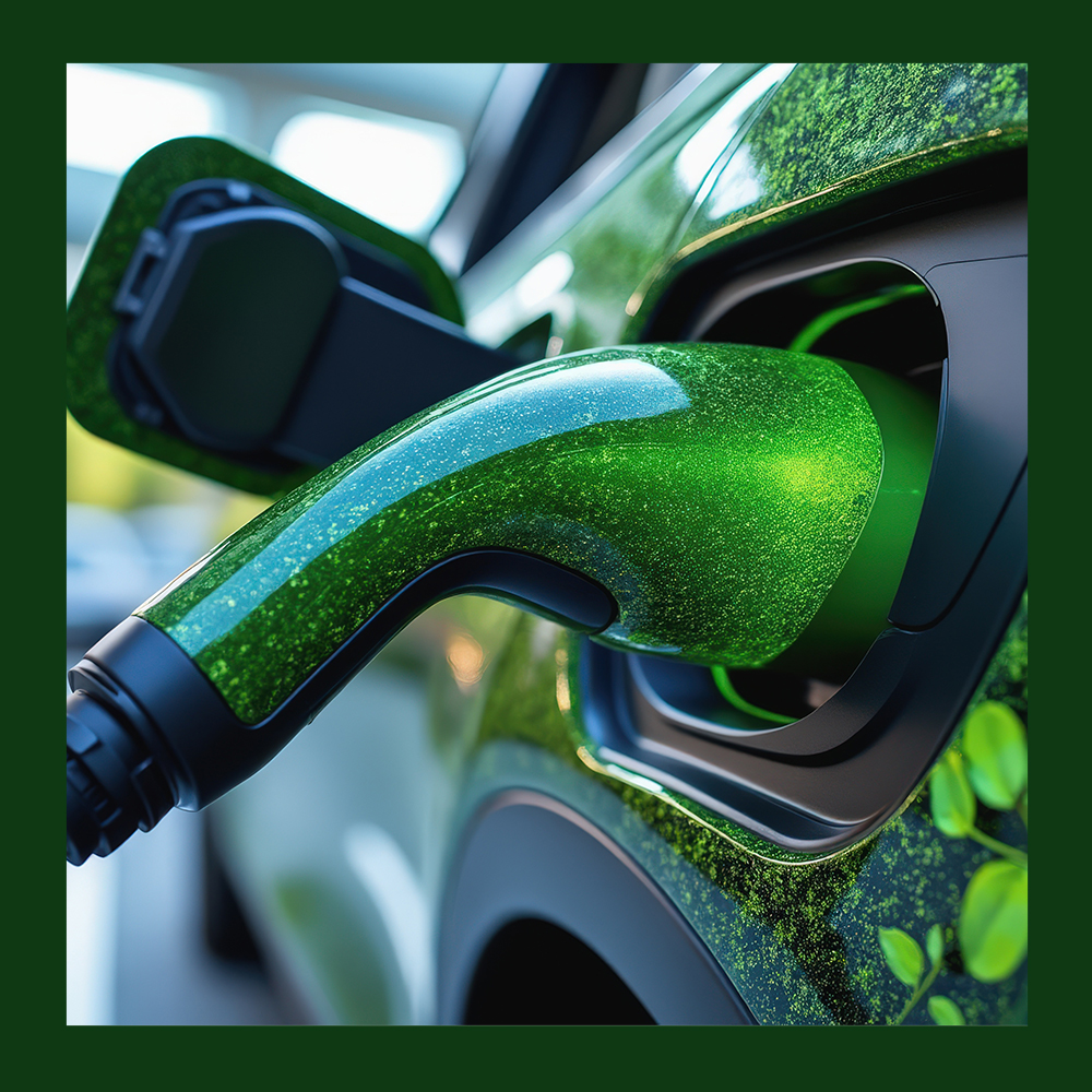 Nahaufnahme eines grünen Elektroautos, an dessen Ladeanschluss ein Ladekabel steckt. Im Hintergrund sind unscharfe Bäume und Sonnenlicht zu sehen.