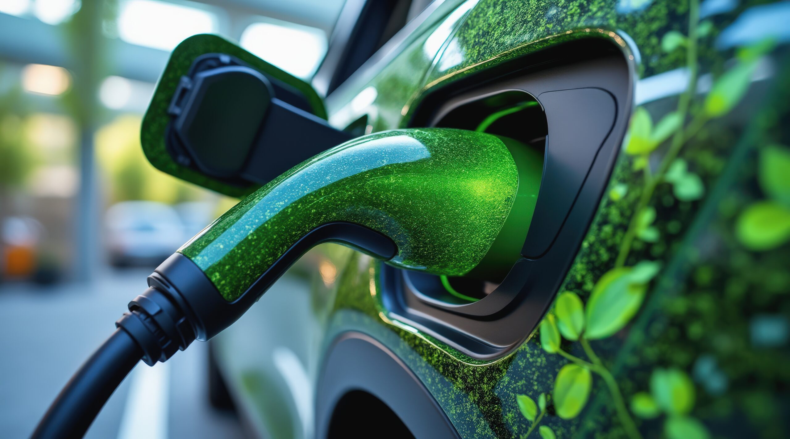 Nahaufnahme eines grünen Elektroautos, an dessen Ladeanschluss ein Ladekabel steckt. Im Hintergrund sind unscharfe Bäume und Sonnenlicht zu sehen.
