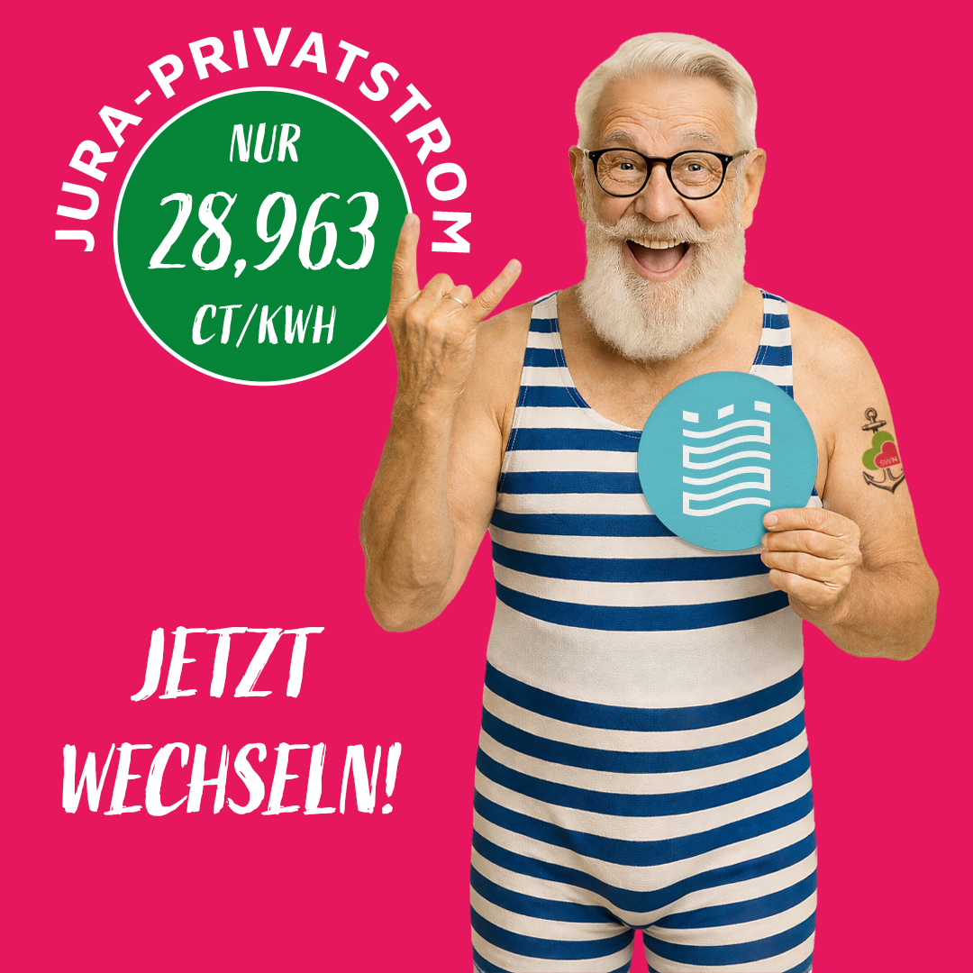Jura Privatstrom nur 28,963 ct/kwh - älterer Herr in blau-weiß gestreiftem Badeanzug zeigt Rockhandzeichen und das Schlossbad-Logo