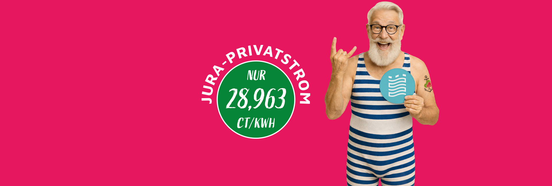 Jura Privatstrom nur 28,963 ct/kwh - älterer Herr in blau-weiß gestreiftem Badeanzug zeigt Rockhandzeichen und das Schlossbad-Logo