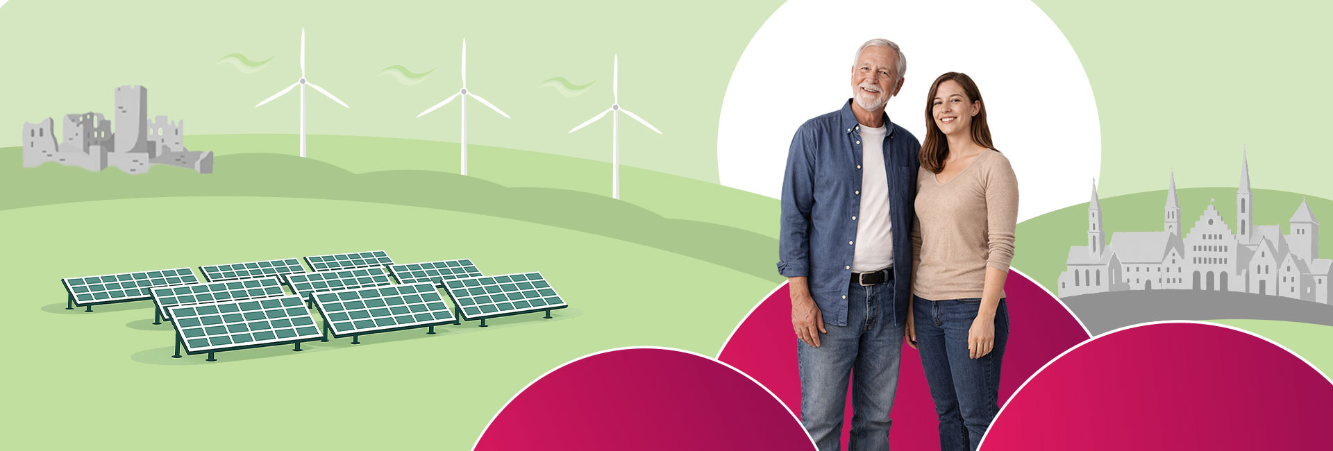 Illustration mit Photovoltaik-Anlage, Windrädern und zwei Menschen vor stilisierter regionaler Landschaft als Motiv für Bürgerbeteiligung an Energieprojekten.