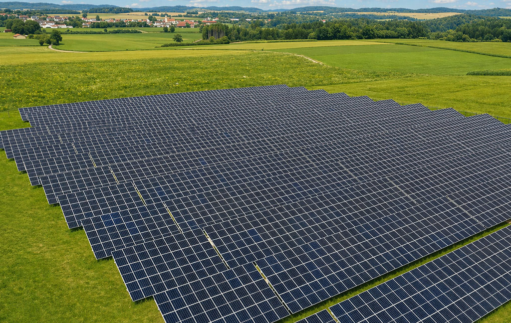Luftaufnahme einer Photovoltaik-Freiflächenanlage in sommerlicher Landschaft mit begrünten Flächen