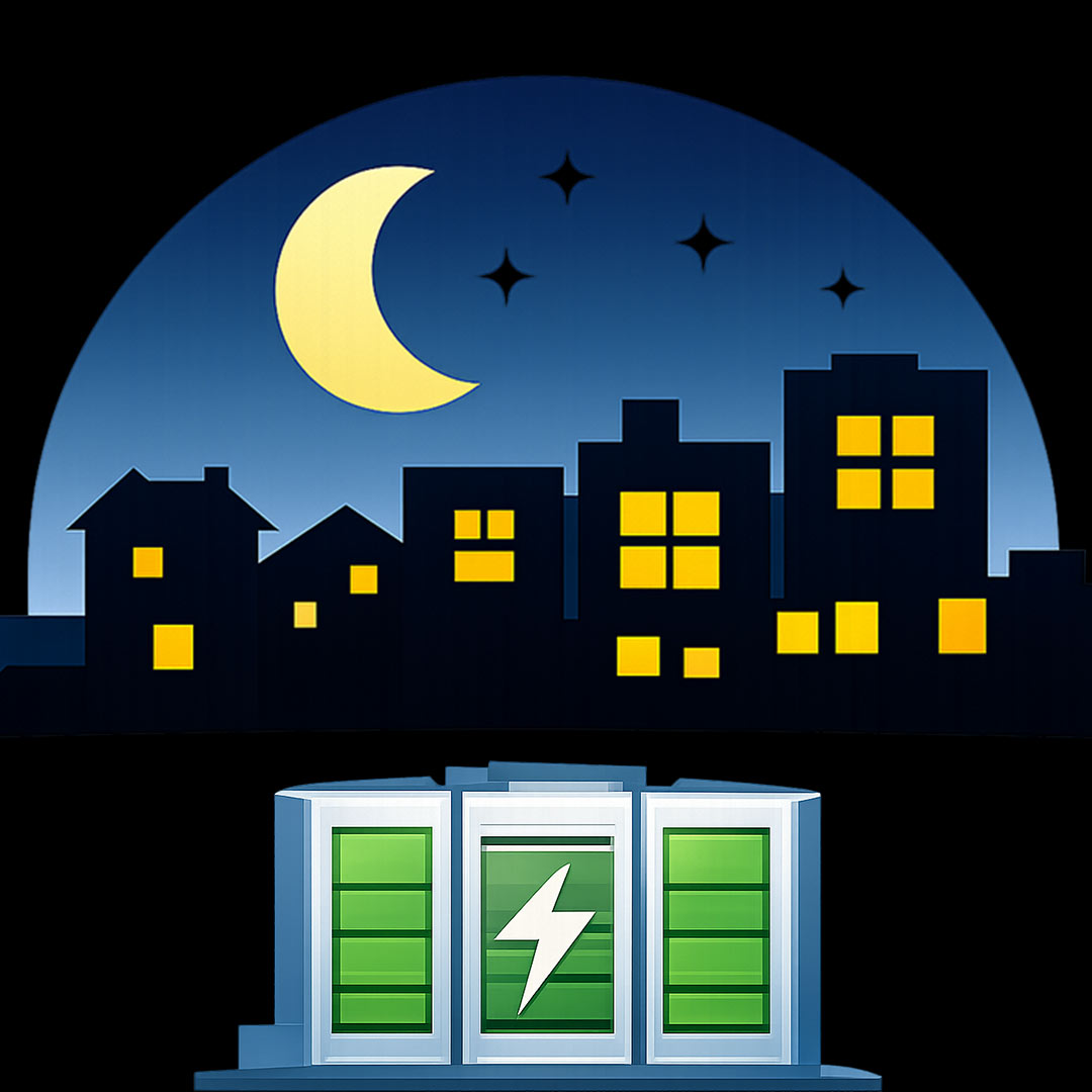 Illustration eines Batteriespeichers bei Nacht vor einer Stadtsilhouette mit beleuchteten Fenstern, Mond und Sternen.