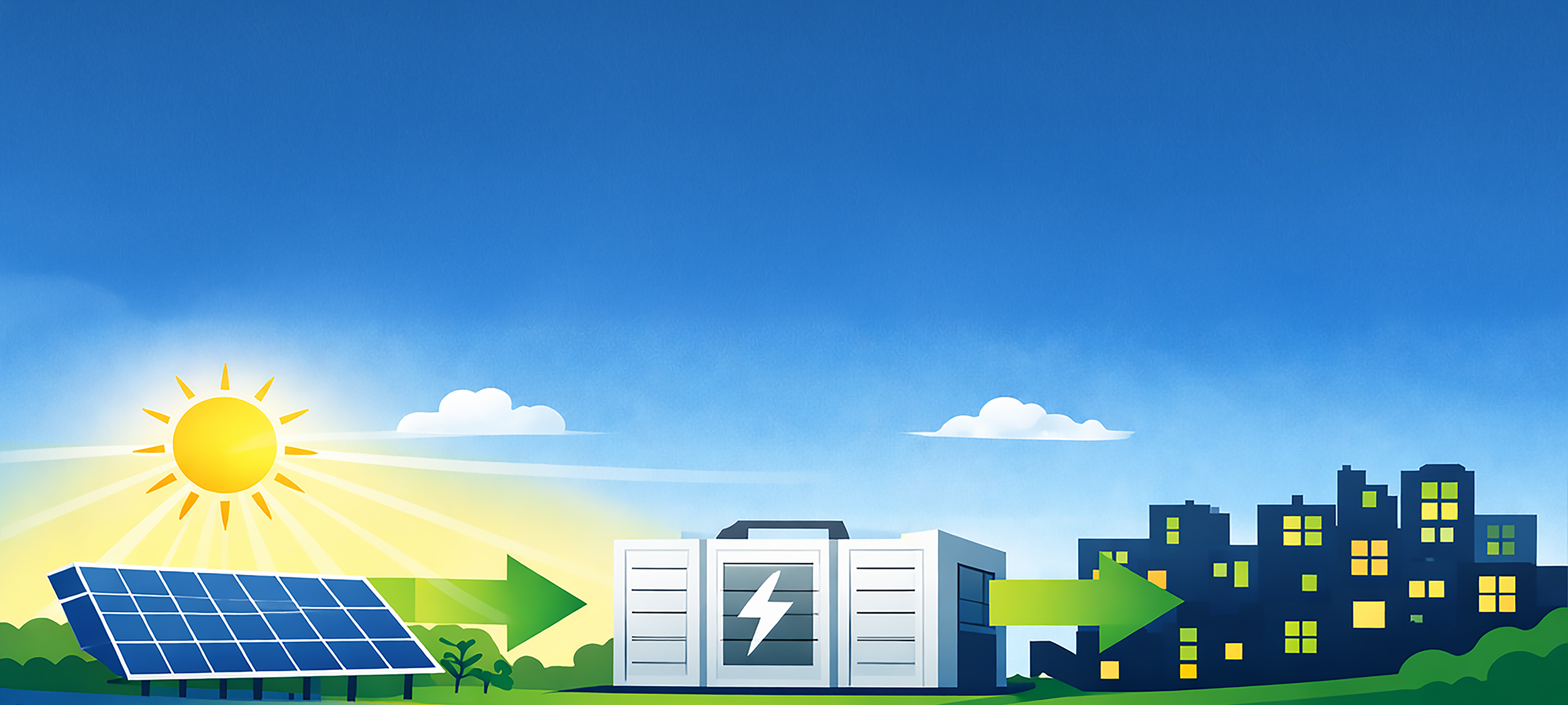 Illustration einer Energielandschaft mit Sonne, Photovoltaikanlage, Batteriespeicher und Stadt im Hintergrund. Ein grüner Pfeil zeigt den Energiefluss von der Stromerzeugung über die Speicherung bis zur Nutzung in der Stadt.