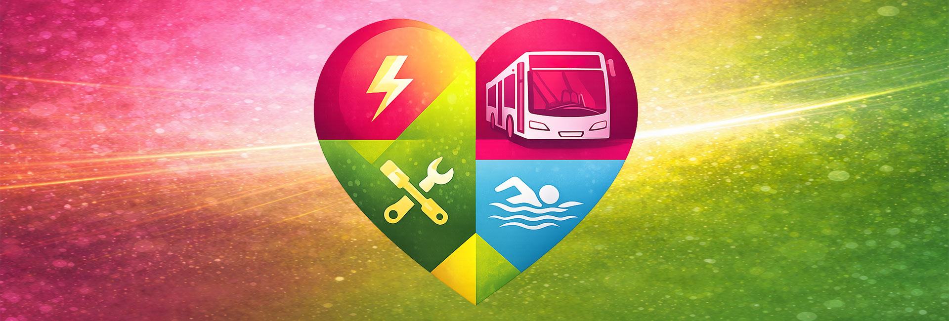 Viergeteiltes Herz mit Symbolen für Energie, Technik, Stadtbus und Schwimmbad vor farbigem Hintergrund.