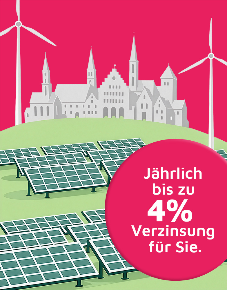 Illustration der Bürgerbeteiligung der Stadtwerke Neumarkt mit Solaranlagen, Windrädern und der Silhouette von Neumarkt sowie dem Hinweis „Jährlich bis zu 4 % Verzinsung“.