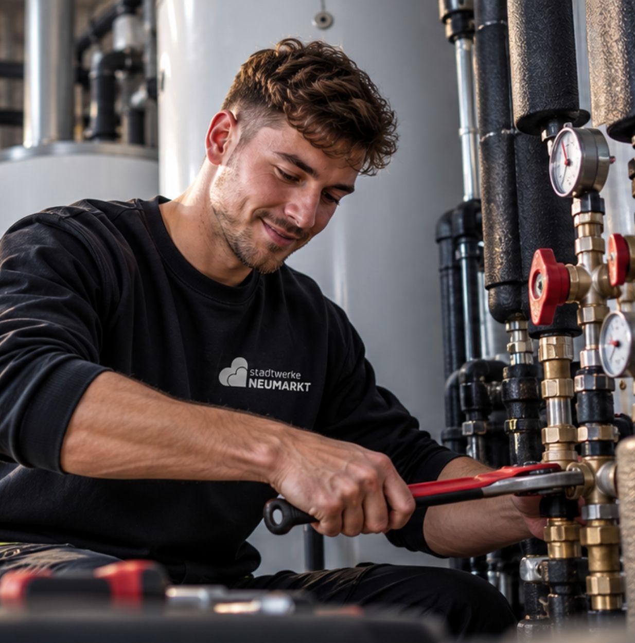 Ein Anlagenmechaniker arbeitet mit einer Rohrzange an den Heizungsleitungen