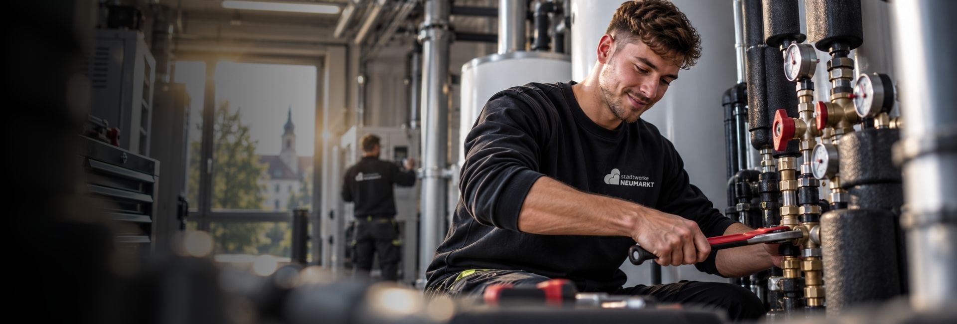 Ein Anlagenmechaniker arbeitet mit einer Rohrzange an den Heizungsleitungen
