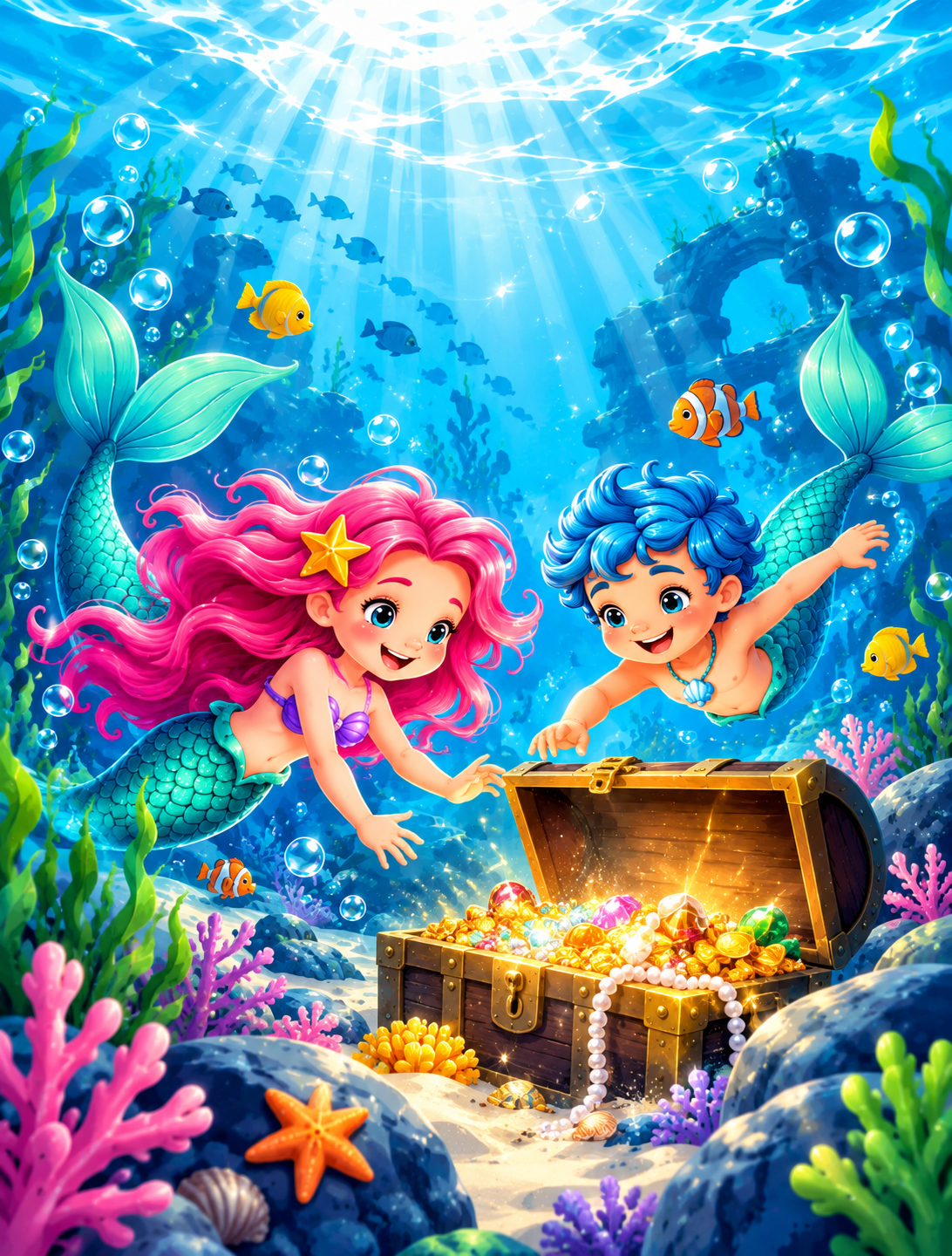 Illustration einer Meerjungfrau und eines Meermanns bei einer Schatzsuche in einer bunten Unterwasserwelt.
