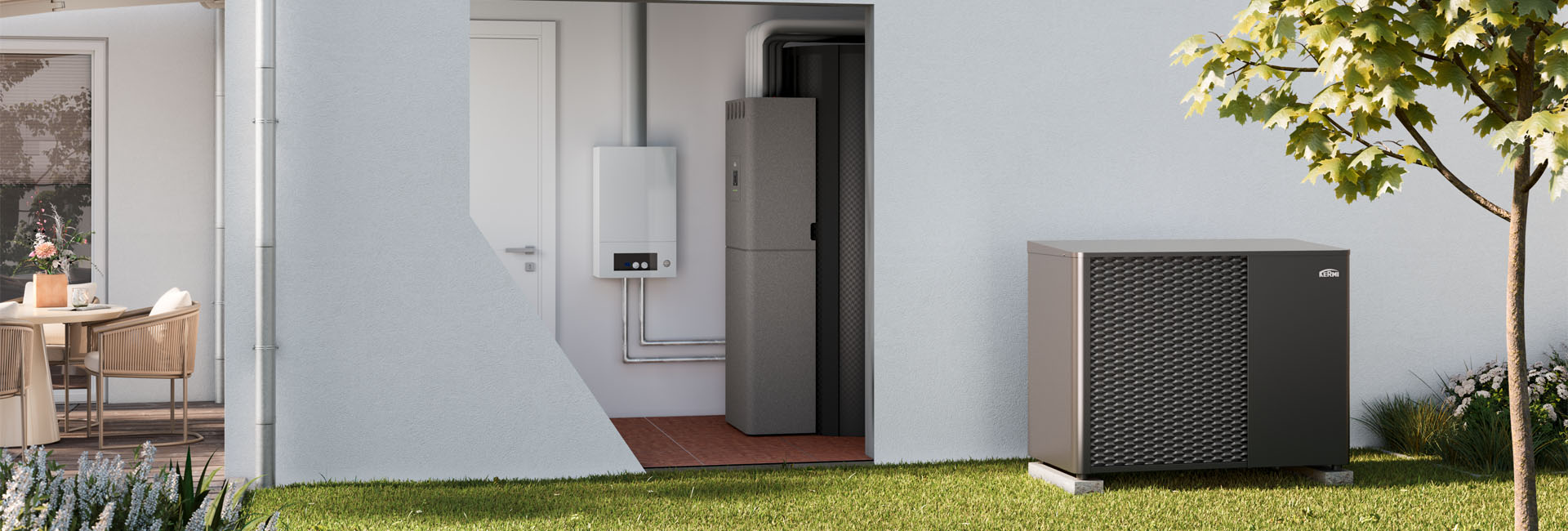 Luft-Wasser-Wärmepumpe im Garten eines modernen Einfamilienhauses mit sichtbarer Heiztechnik im Hauswirtschaftsraum.