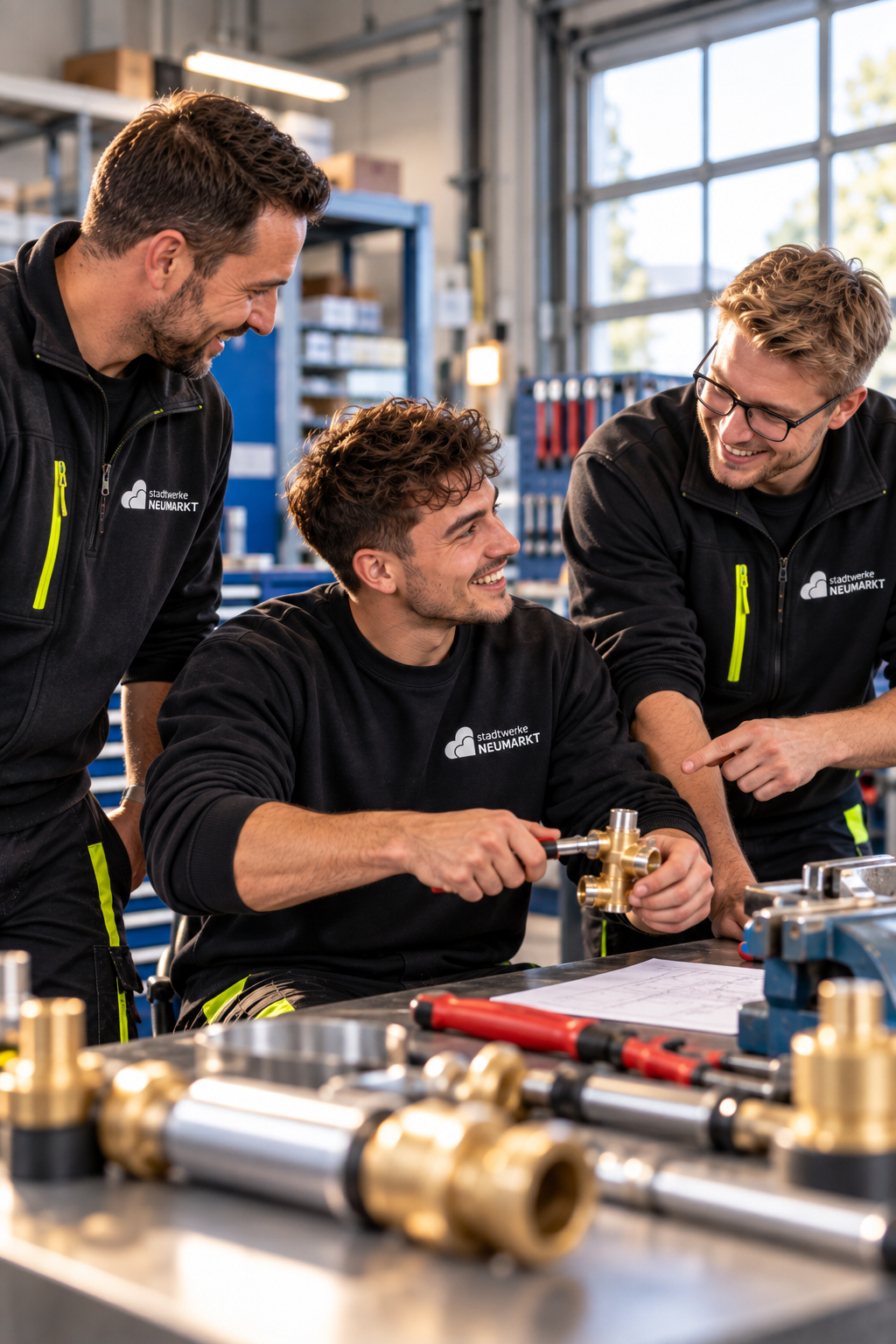 Drei Anlagenmechaniker der Stadtwerke Neumarkt arbeiten gemeinsam an einer Armatur in der Werkstatt.