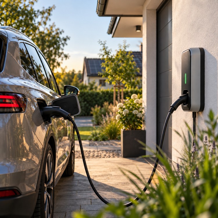 Elektroauto lädt an einer privaten Wallbox an einem Wohnhaus. Das Ladekabel verbindet das Fahrzeug mit der Ladestation an der Hauswand.